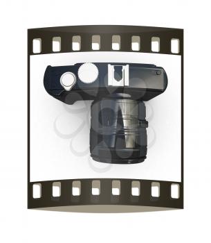 3d illustration of photographic camera on white background. The film strip