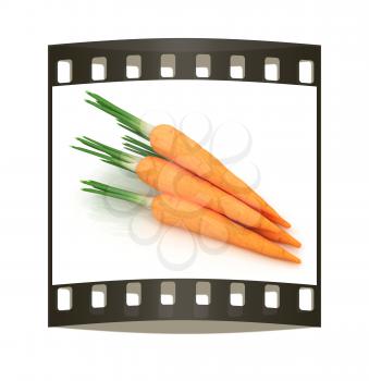 Heap of carrots on a white background. The film strip