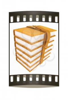 Stack of leather book with belt isolated on white background. The film strip with place for your text. The film strip