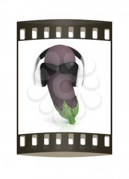 eggplant  with sun glass and headphones front face on a white background. The film strip