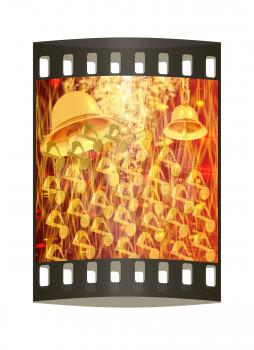 Toll. Gold bell on winter or Christmas style background with a wave of stars. The film strip