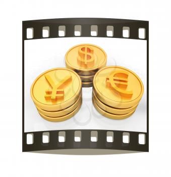 gold coins with 3 major currencies on a white background. The film strip