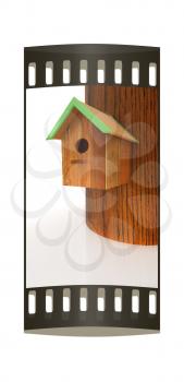 Nest box birdhouse on a white background. The film strip