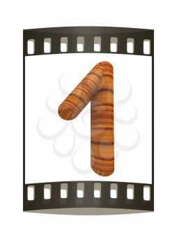 Wooden number 1- one on a white background. The film strip