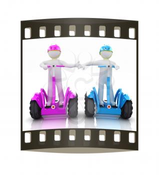 3d people in riding on a personal and ecological transport in helmet and holding hands. Concept of partnership. The film strip