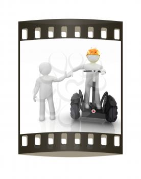 3d people in riding on a personal and ecological transport in helmet and holding hands. Concept of partnership. The film strip