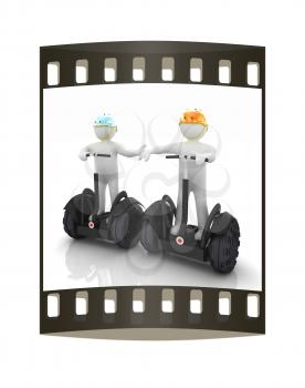 3d people in riding on a personal and ecological transport in helmet and holding hands. Concept of partnership. The film strip