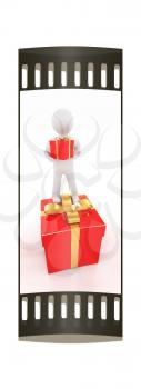на белом фоне 3d man and red gifts with gold ribbon on a white background. The film strip