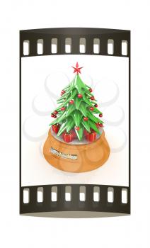 Christmas tree and gifts on a white background. The film strip