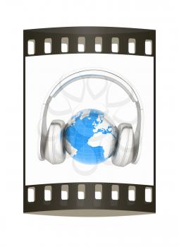 abstract 3d illustration of earth listening music. The film strip