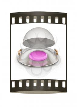 drop on restaurant cloche isolated on white background. The film strip