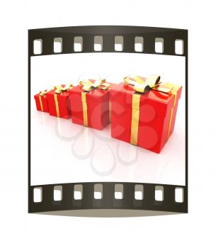 Bright christmas gifts on a white background. The film strip