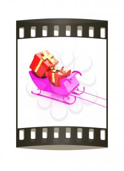 Christmas Santa sledge with gifts on a white background. The film strip