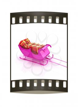 Christmas Santa sledge with gifts on a white background. The film strip