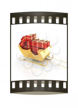 Christmas Santa sledge with gifts on a white background. The film strip