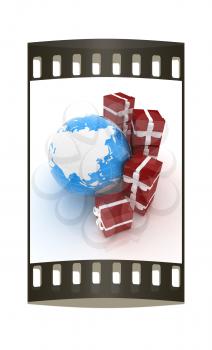 Traditional Christmas gifts and earth on a white background. Global holiday concept. The film strip