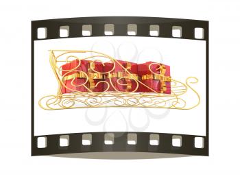 Christmas Santa sledge with gifts on a white background. The film strip