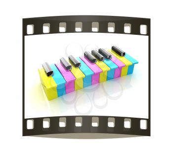 Colorfull piano keys on a white background. The film strip