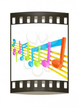 Various music notes on stave. Colorfull 3d. The film strip