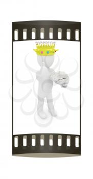 3d people - man, person with a golden crown. King with brain. The film strip