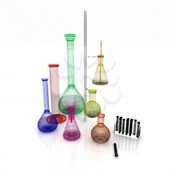 Chemistry set, with test tubes, and beakers filled with colored liquids