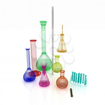 Chemistry set, with test tubes, and beakers filled with colored liquids