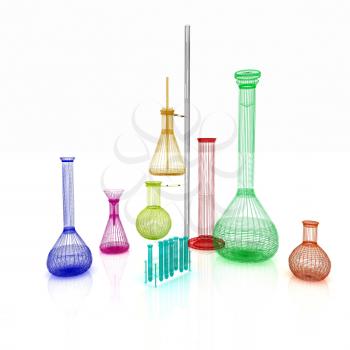 Chemistry set, with test tubes, and beakers filled with colored liquids