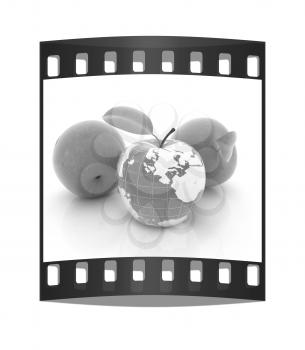 Apple earth and apples on a white background. The film strip