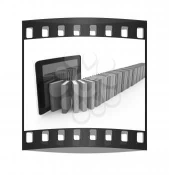 tablet pc and colorful real books on white background. The film strip