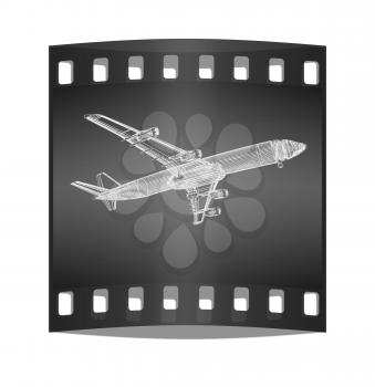 3d model Flying airplane on gradient background. The film strip