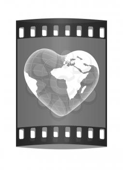 3d earth to heart symbol on a green background. The film strip