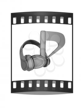 headphones and 3d note on a white background. The film strip