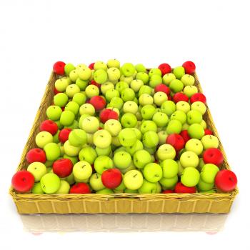 Wicker basket full of apples isolated on white