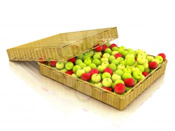 Wicker basket full of apples isolated on white