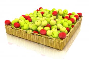 Wicker basket full of apples isolated on white