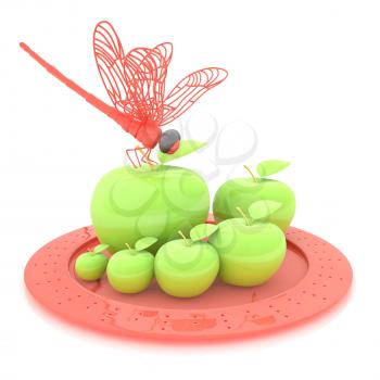 Dragonfly on apple on Serving dome or Cloche. Natural eating concept