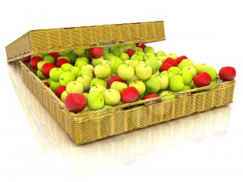 Wicker basket full of apples isolated on white