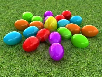 Colored Easter eggs as a flower on a green grass