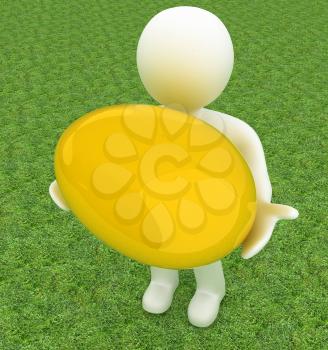 3d small person holds the big Easter egg in a hand. 3d image. On green grass