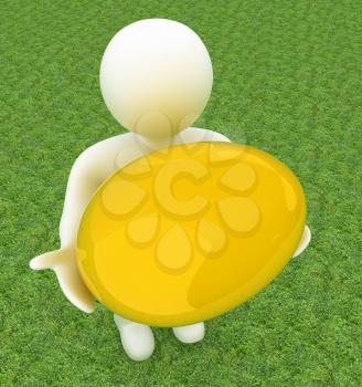 3d small person holds the big Easter egg in a hand. 3d image. On green grass