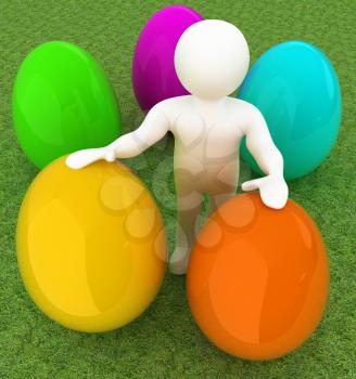 3d small person holds the big Easter egg in a hand. 3d image. On green grass