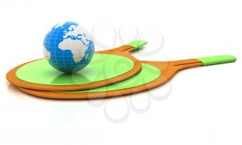 Rackets for playing table tennis and Earth. Global concept. 3D rendering