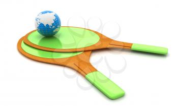 Rackets for playing table tennis and Earth. Global concept. 3D rendering