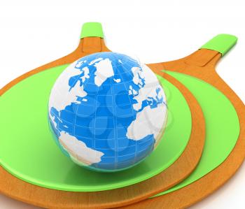 Rackets for playing table tennis and Earth. Global concept. 3D rendering