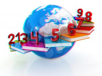 Global Education and numbers 1,2,3,4,5,6,7,8,9 on a white background. Anaglyph. View with red/cyan glasses to see in 3D. 3D illustration