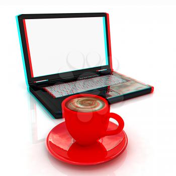 3d cup and a laptop on a white background. 3D illustration. Anaglyph. View with red/cyan glasses to see in 3D.