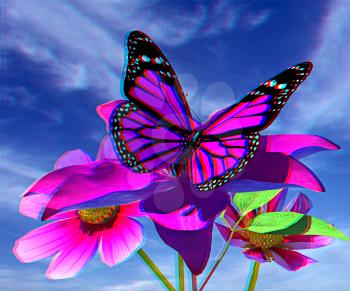 Beautiful Cosmos Flower and butterfly against the sky. 3D illustration. Anaglyph. View with red/cyan glasses to see in 3D.