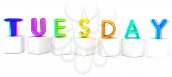 Colorful 3d letters Tuesday on white cubes on a white background. 3D illustration. Anaglyph. View with red/cyan glasses to see in 3D.