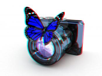 3d illustration of photographic camera and butterfly on white background. 3D illustration. Anaglyph. View with red/cyan glasses to see in 3D.