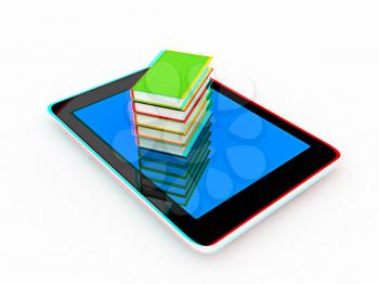 tablet pc and colorful real books on white background. 3D illustration. Anaglyph. View with red/cyan glasses to see in 3D.